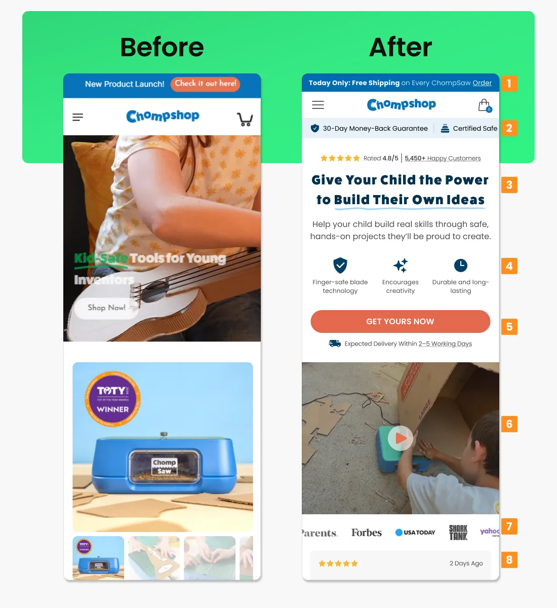 Chompshop before and after mobile landing page redesign comparison