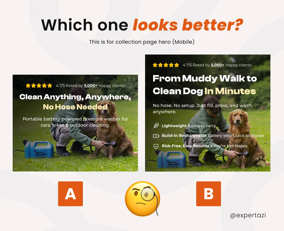 Mud Daddy A/B test collection page hero comparison for portable pet washer