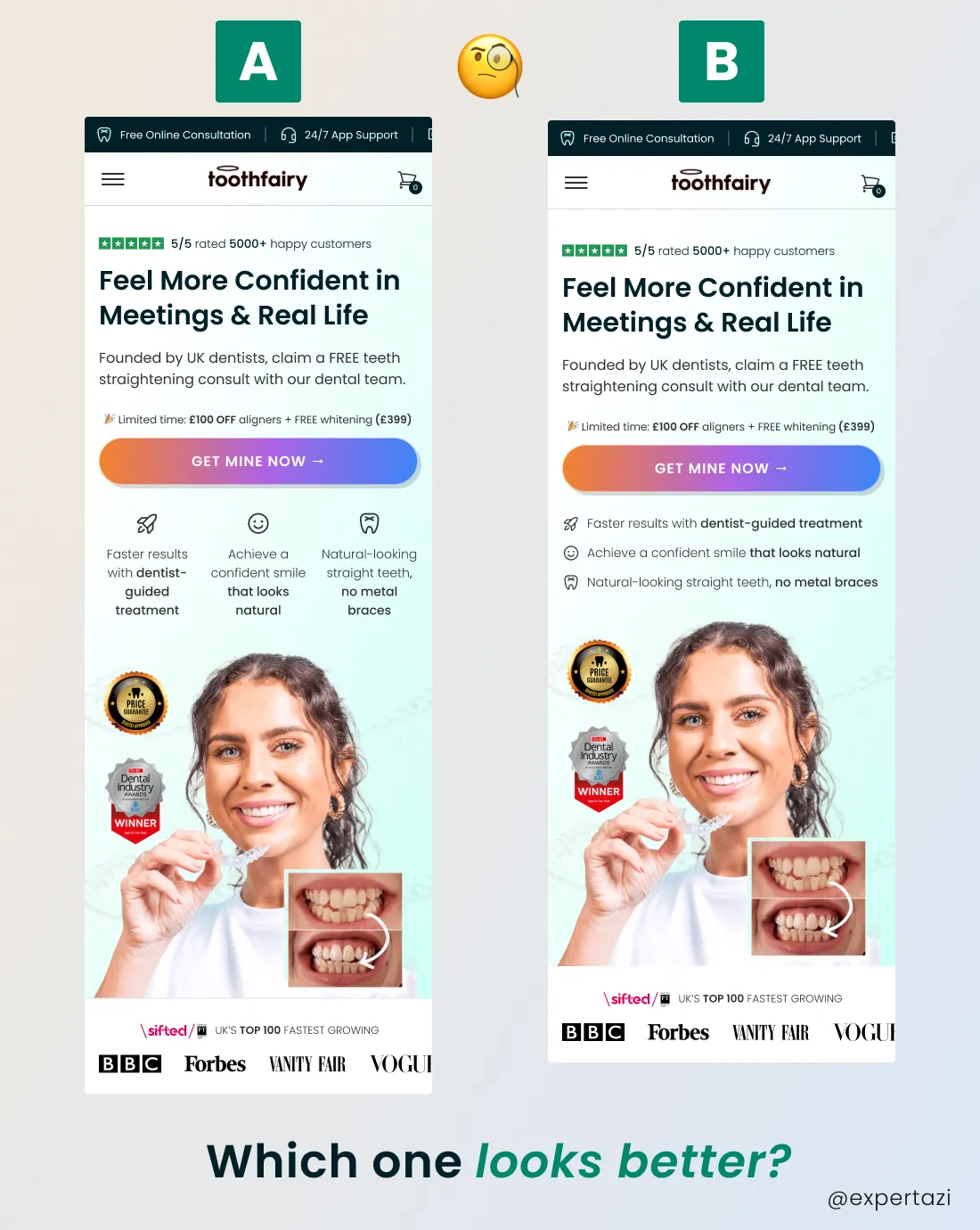 ToothFairy A/B test landing page comparison for clear aligners
